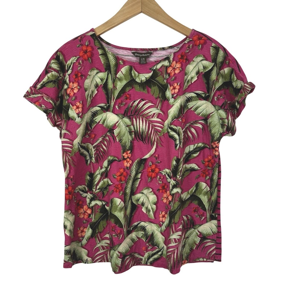 Tommy Bahama Top Womens Large Pink Green Floral Front Stripe Back Tropical